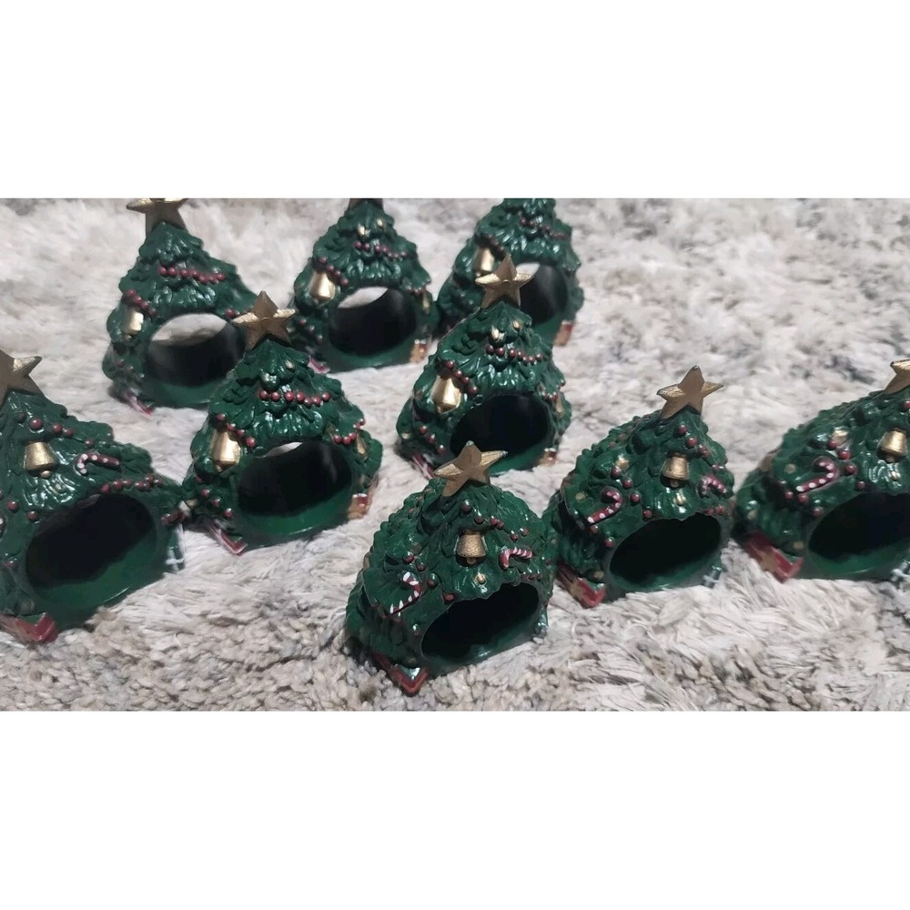 Set Of 9 Christmas Napkin Rings Green Tree Plastic Marked Reed Star Top Vintage
